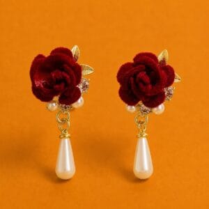 Ruby Rose pearl drop earrings with red floral design