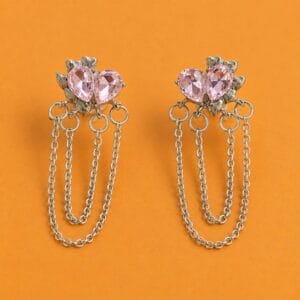 Pink crystal chain drop earrings with silver-tone chains