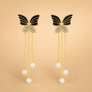 Butterfly pearl drop earrings with three hanging strands