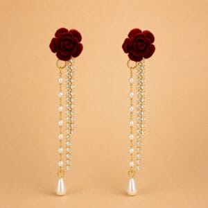 Crimson rose drop earrings with pearl and clear stone strands