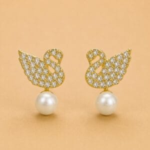 Swan pearl earrings with clear stones and gold-tone detailing