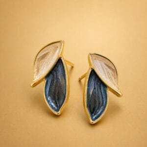 Elara blue leaf earrings with gold-tone borders
