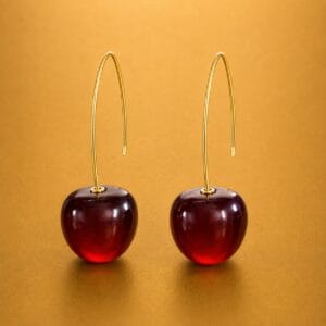 Cerise red cherry drop earrings with gold-tone hooks