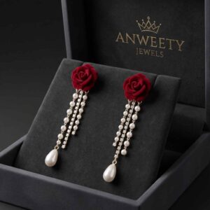 Crimson Rose Pearl Drop Earrings