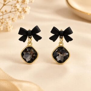 Noir Bow Black Crystal Drop Earrings for Women - Anweety Jewels