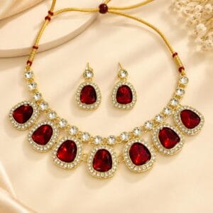 Ruby Red Crystal Choker Necklace Set - Anweety Jewels