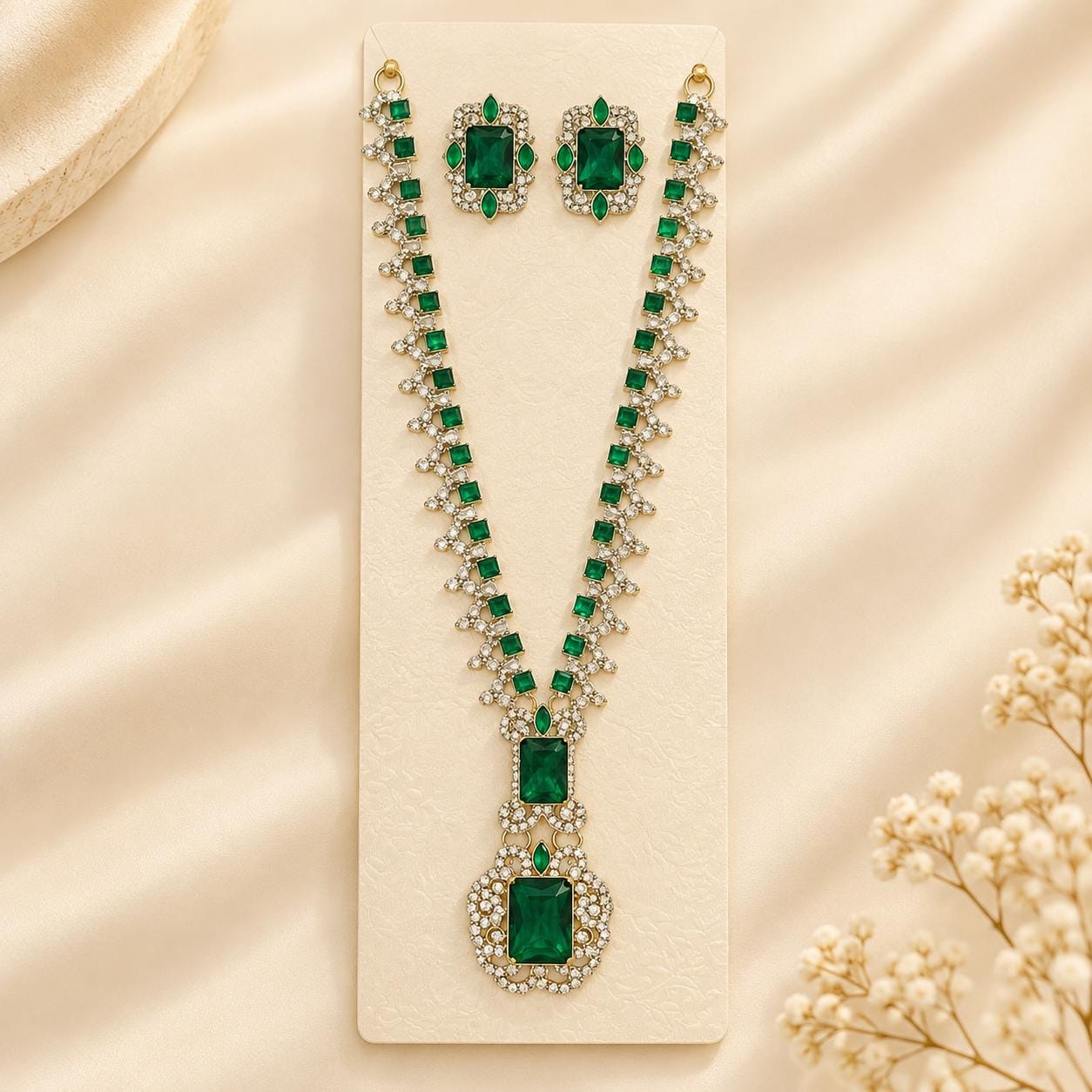 Emerald Elegance Long Necklace Set - Anweety Jewels