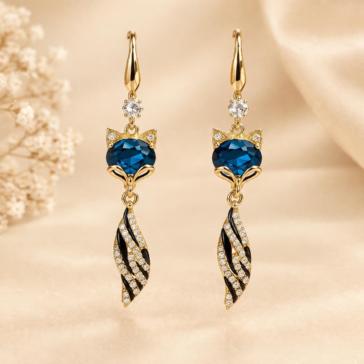 Midnight Blue Fox Crystal Drop Earrings - Anweety Jewels